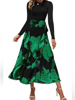 BTFBM Black & Green Floral A-Line Maxi Dress S